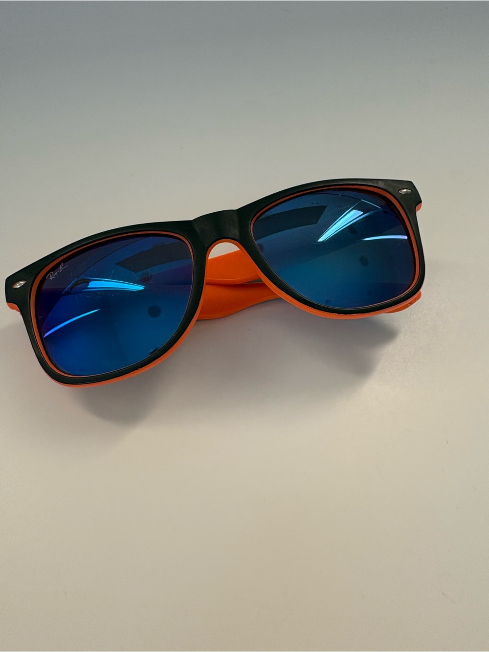 Ray-Ban Wayfarer style Black & Orange Sunglasses with Blue Mirrored Lenses